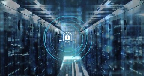 Holographic Padlock HUD Securing Server Rack Aisle in Data Center with Concentric Hexagon Lock