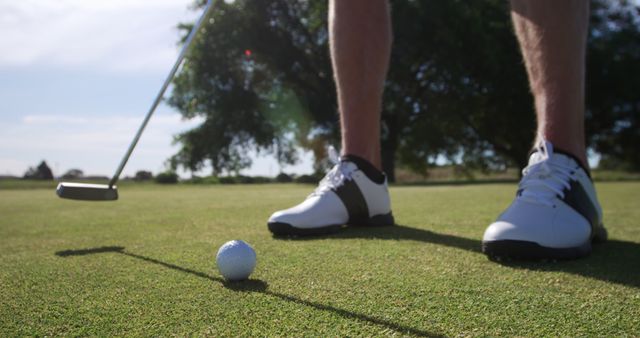 Close-up of golfer preparing to putt a golf ball on a well-manicured green, with focus on feet and golf club. Ideal for use in sports promotions, golf equipment advertisements, or articles related to outdoor activities and recreation.