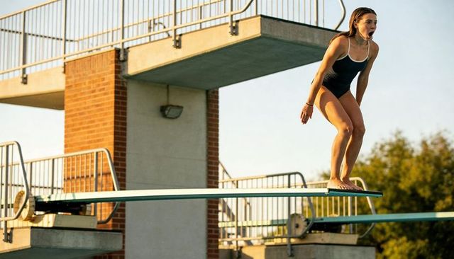 Female athlete balancing on springboard during golden hour at outdoor diving platform