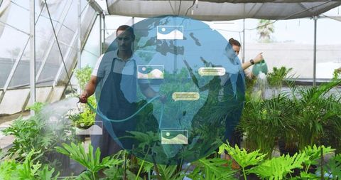 Greenhouse team watering plants with blue globe overlay promoting sustainable irrigation
