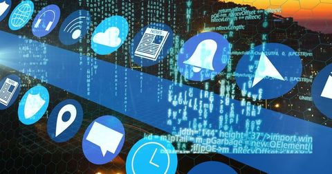 Futuristic Digital Network with Streaming Codes and Icons