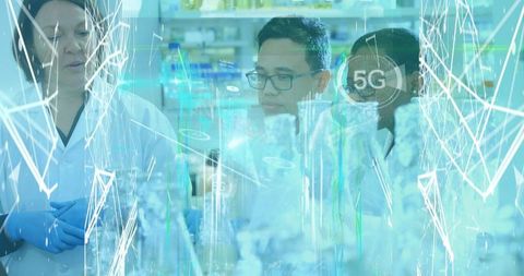 Scientists Collaborating in Laboratory with 5G Technology Overlay