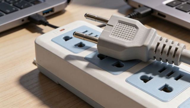 White power strip with blue inserts connecting laptop usb cables on wooden desk charging