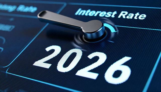 Interest rate dial turning to 2026 on neon cyan high-tech fintech dashboard