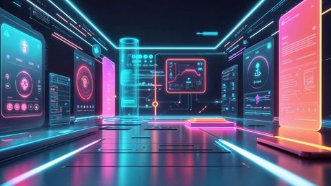 Futuristic Holographic Control Room with Neon Interfaces