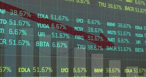 Digital stock dashboard showing tickers, bar charts and red downward arrow for finance