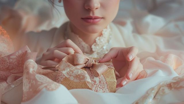 Elegant Woman with Gift on Pastel Bedding Turning World of Luxury
