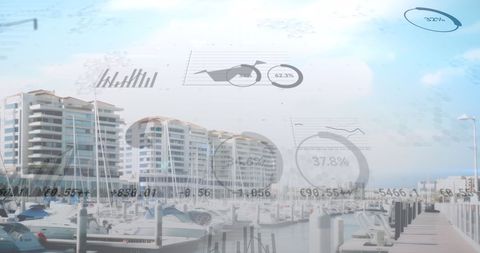 Overlay of financial data visualizations on marina