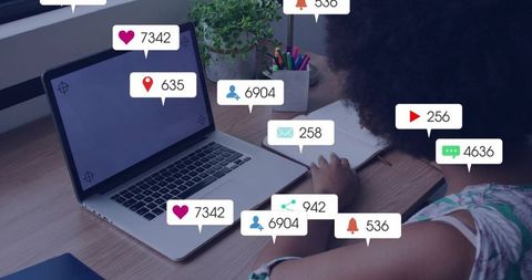 Woman checking laptop with social media notifications, work distraction and productivity