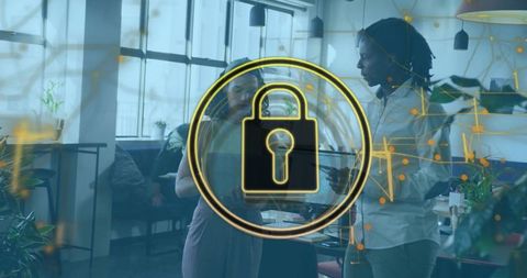 Holographic Padlock Overlay Across Open-Plan Office Setting