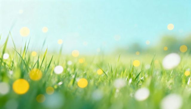 Glistening sunlit dewy grass with yellow bokeh and soft sky