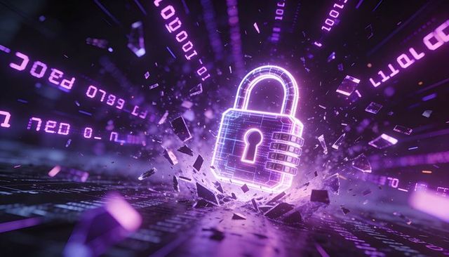 Neon Cybersecurity Lock Exploding Through Digital Matrix with Shattered Data Streams