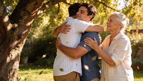 Multigenerational family reunion embracing under tree in sunlit backyard garden