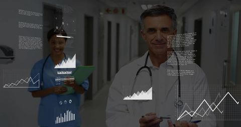 Doctor Analyzing Data with Digital Projection in Hospital