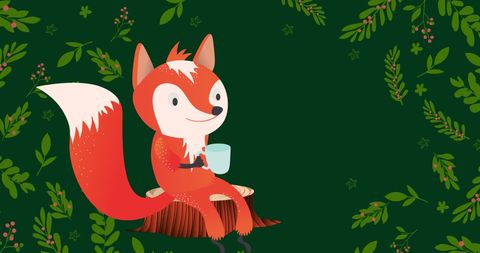 Adorable Fox with Cup Among Holiday Leaves