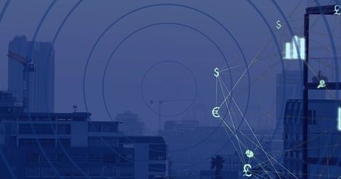Global currency network overlaying blue urban skyline at dusk with data visualization