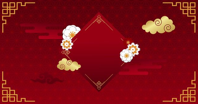 This artistic depiction features a vibrant red background with traditional gold floral patterns and elegant geometric shapes. Ideal for use in Chinese New Year greetings, celebratory banners, or festive invitations. The symmetry and cultural motifs make it suitable for enhancing digital and printed design projects related to traditional Chinese celebrations.