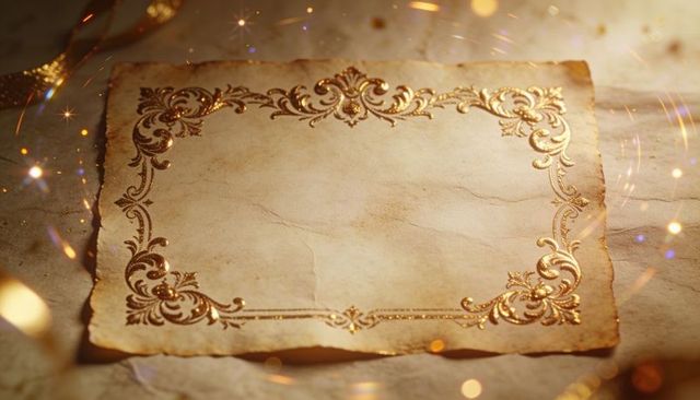 Showing aged parchment with ornate gold-foil border embossed floral scrollwork and bokeh