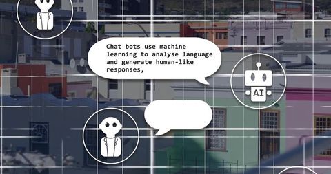 Ai avatars communicating across urban rooftops with speech bubbles and grid overlay