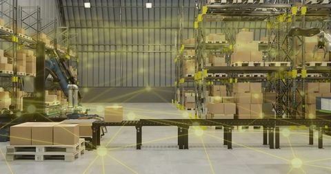 Operating automated warehouse conveyor carrying palletized boxes with robotic arm and digital logist