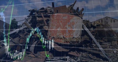 Digital data graphics over industrial junkyard background