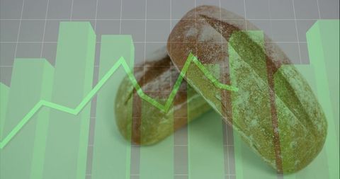 Flour-dusted crusty rolls with green bar and line chart overlay food business analytics