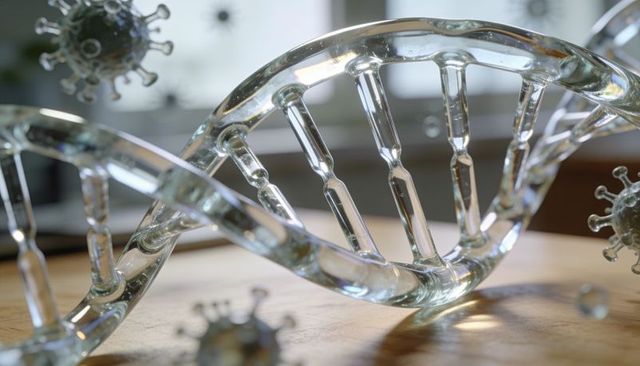 Clear glass dna helix reflecting light with virus models on wooden tabletop macro studio
