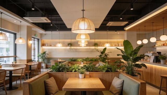 Cozy modern cafe booth with built-in planter and warm pendant lighting
