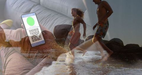 Digital covid passport with friends enjoying beach during pandemic