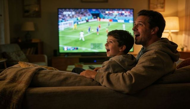 Father and son watching soccer on couch at night, cozy living room family bonding