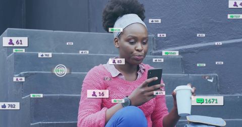 Digital Engagement of Woman with Smartphone and Social Media Icons