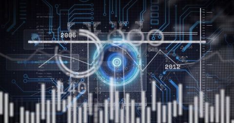 Holographic cyber eye interface with neon data timeline and interactive analytics hud