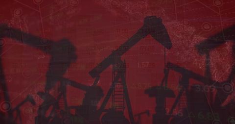 Silhouettes of Oil Pumps with Red Economic Background
