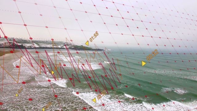 Data metrics and charts are animated above an aerial view of waves crashing onto a scenic coastline, representing business technology and data analytics concepts. Useful for presentations, reports, and media projects highlighting technology or environmental data integration into picturesque settings.