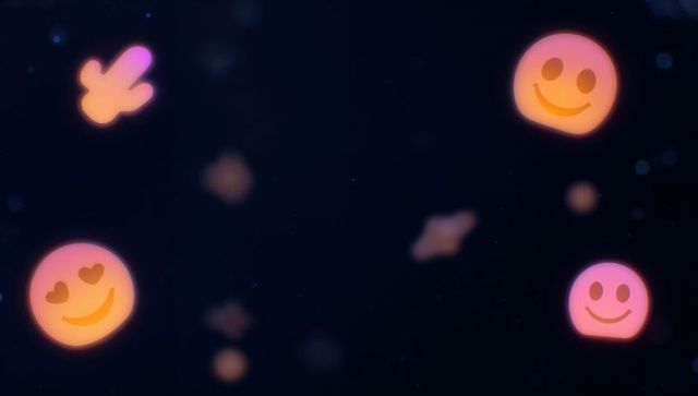 Glowing neon emojis floating on dark bokeh background with heart-eyes and smiles