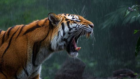 Fierce Bengal Tiger Roaring in Rainy Jungle Setting