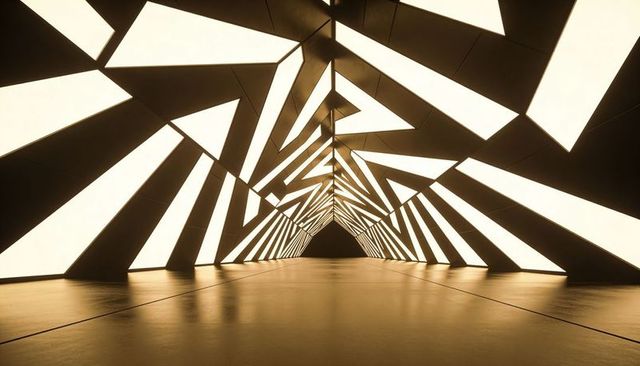 Futuristic geometric light tunnel with symmetrical panels leading to dark vanishing point