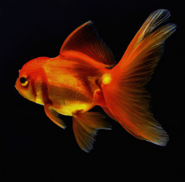 Bright orange goldfish swimming against a contrasting black background. Ideal for aquaculture visuals, pet shop advertisements, and aquarium hobbyist content. It can also be used for educational purposes concerning aquatic animals and their habitats.