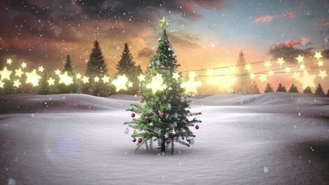 Snowy Winter Wonderland with Festively Lit Christmas Tree