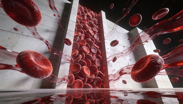 Surging red blood cells flowing through vertical channel with liquid ribbons, cgi concept