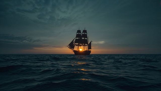 Majestic Tall Ship Sailing at Sunset on Open Ocean Horizon