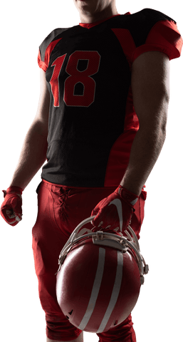 Transparent football player holding helmet in red uniform