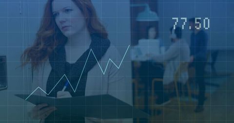 Businesswoman Analyzing Growth Data with Digital Art Overlay