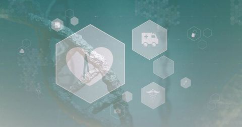Teal healthtech interface displaying heart ecg hexagon with ambulance, pill and data icons