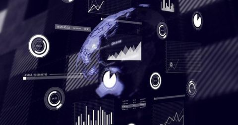 Holographic 3d globe with futuristic data dashboard showing interactive global analytics