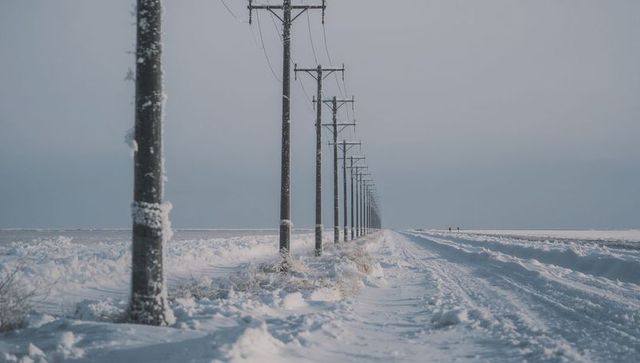 Utility poles stretching into distance across snow-covered plain with parallel snowy track