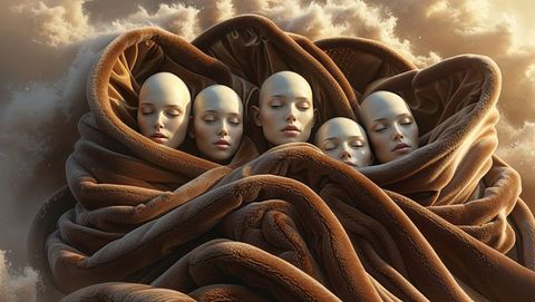 Surreal mannequin heads in dreamlike sky among clouds