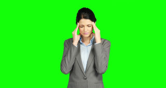 Businesswoman in formal attire experiencing stress, holding fingers on her temples in front of a green screen. Ideal for depicting workplace stress, mental health, corporate wellness programs, stress management, professional life challenges, and corporate training materials.