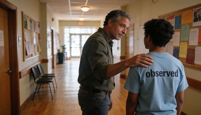 School counselor comforting teen in hallway wearing observed t-shirt, supportive mentorship moment