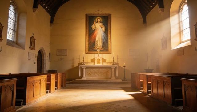 Sunlit chapel altar with divine mercy painting, marble tabernacle and wooden pews